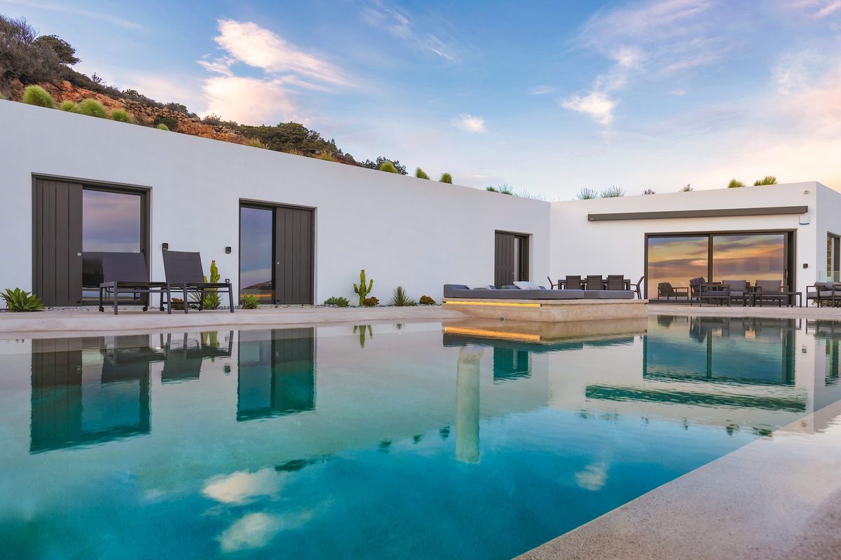 Skylines 2 villa and infinity pool at sunset, Paros