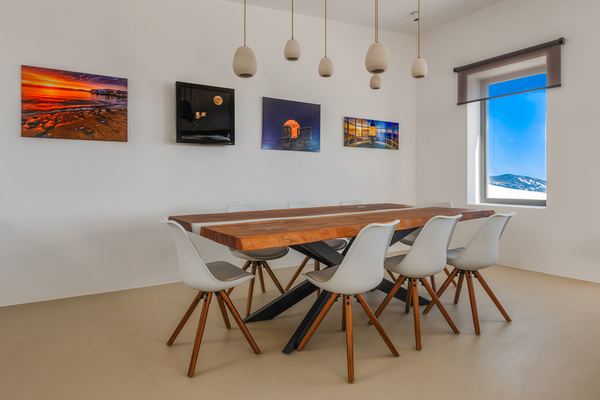 Dining area with pendant lighting