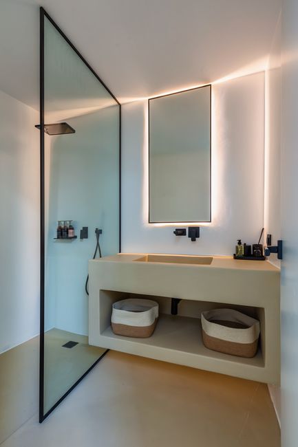 Walk-in glass shower and vanity